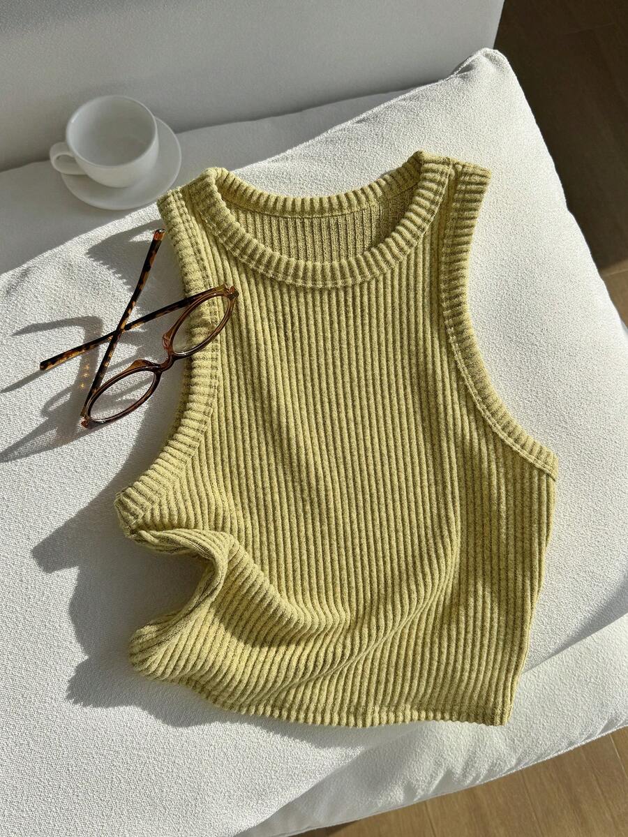 Comfortcana Women's Solid Color Ribbed Brushed Camisole, Suitable For Daily Wear - Yellow - View 1