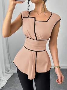 SHEIN Clasi Áo sơ mi nữ thanh lịch với viền tương phản ở eo, thích hợp cho mùa hè. - Bụi hồng - Xem 6