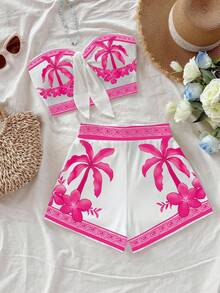Soleia 女士棕榈树印花打结抹胸上衣和短裤两件套，度假风 - 彩色 - 查看 1