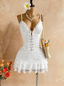 Soleia Đầm mini ren trắng, thích hợp cho kỳ nghỉ, hẹn hò, phong cách tối giản gợi cảm, mùa thu/đông. - Màu be - Xem 3