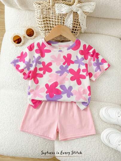 Cozy Pixies 2pcs Baby Girl Floral Print Knit Soft Round Neck Short Sleeve Top And Elastic Waist Shorts Set Baby Girls Summer Shirts And Shorts Baby Girl Pajamas Summer Baby Short Sleeve Set