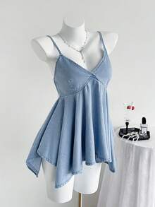 SHEIN 女士不对称荷叶边牛仔吊带背心 - 藍色 - 查看 4