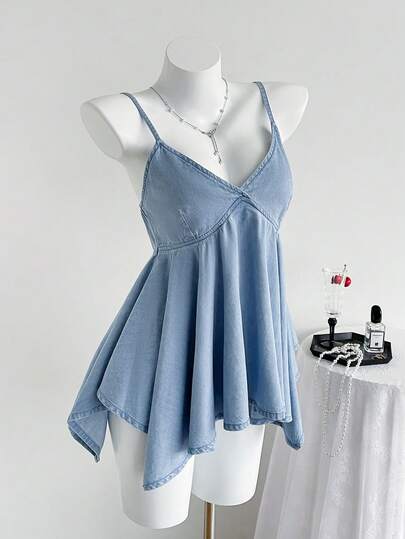 SHEIN 女士不对称荷叶边牛仔吊带背心