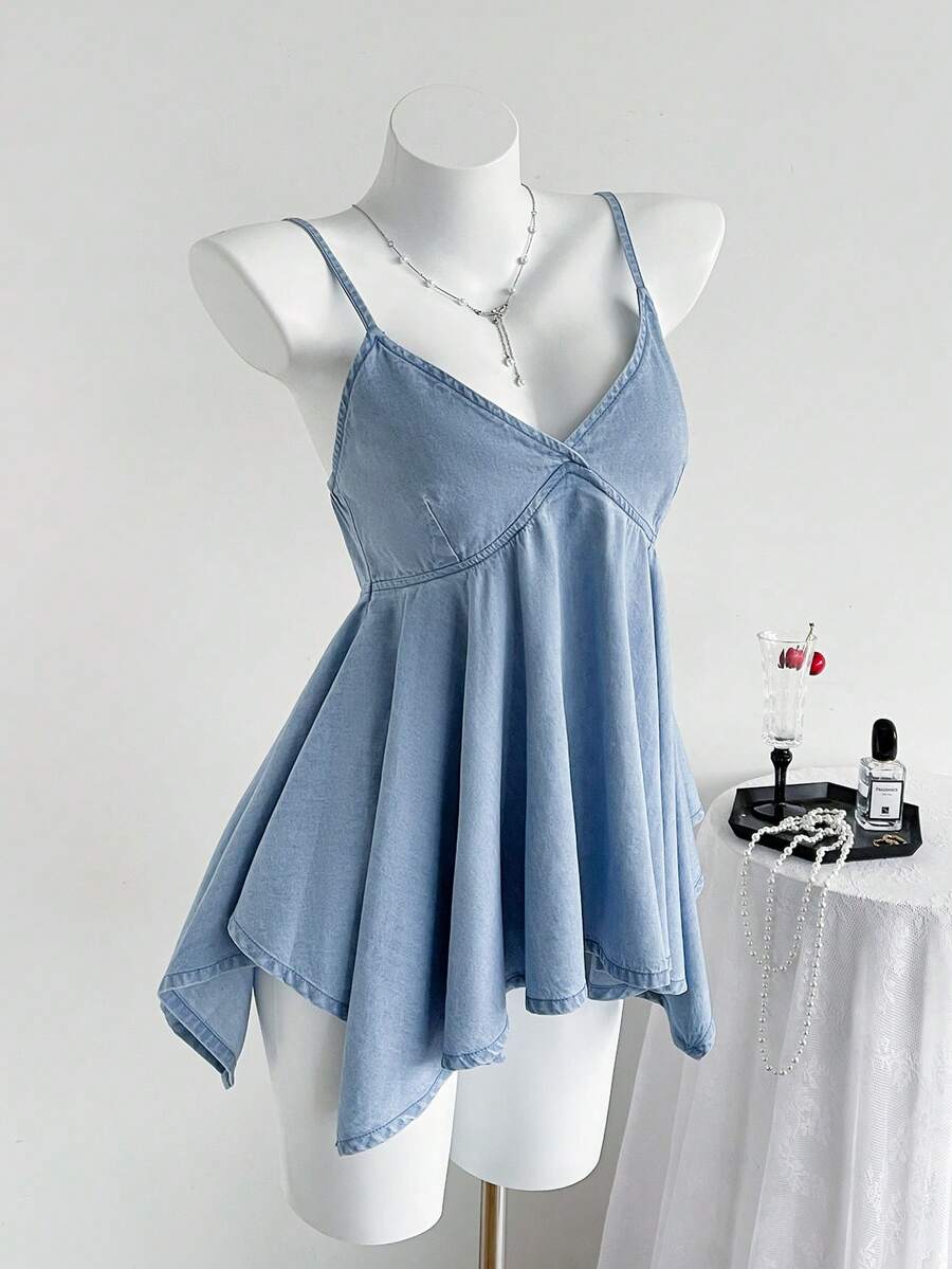 SHEIN Women's Asymmetrical Ruffle Hem Denim Camisole Top - Blue - View 1