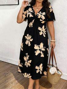 Lounesse 大码休闲度假优雅V领收腰连衣裙 - 黑色 - 查看 3