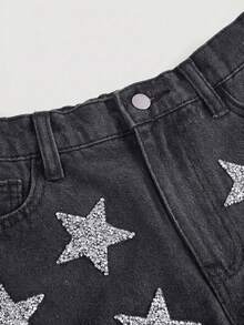 Girlism Tween Girl Star Pattern Summer Baggy Denim Shorts,Spring Break,Concert,Rave Festival,Rave,Beach - Grey - View 4