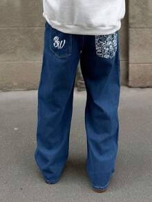 Heavens Edit Men's Casual Everyday Letter Print Loose Wide-Leg Jeans - Medium Wash - View 4