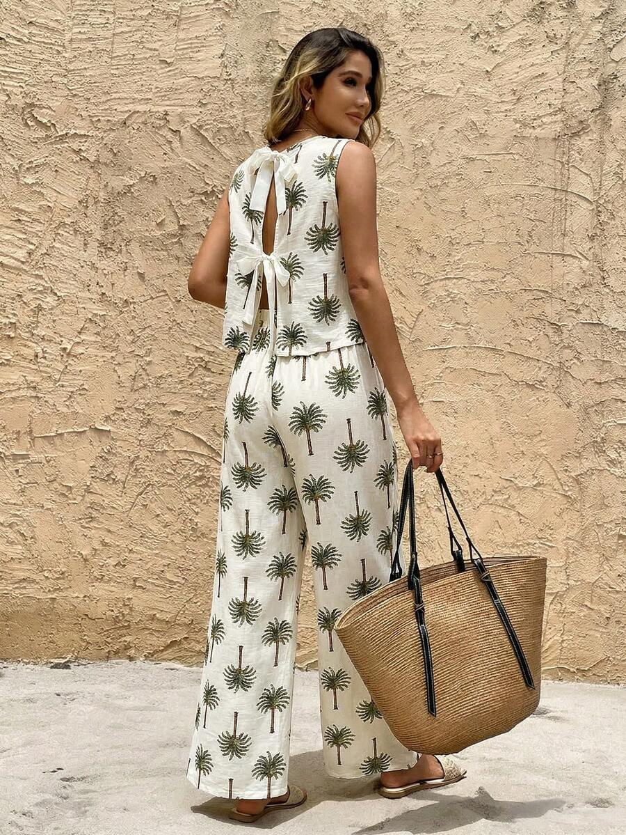 SHEIN Frenchy Women's Coconut Tree Print Round Neck Top And Wide Leg Pants Casual 2 Pieces Set - Green - View 1