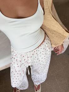 SHEIN EZwear Quần ống rộng thắt eo in họa tiết, chất liệu dệt màu trắng dành cho nữ. - trắng - Xem 7