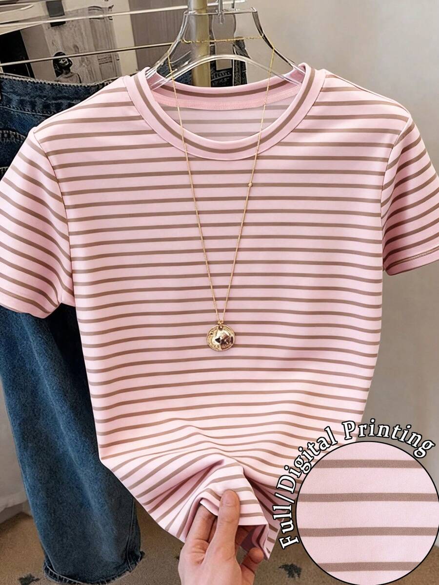 Resyla Women's Casual Striped Round Neck Short Sleeve T-Shirt, Summer - Multicolor - View 1