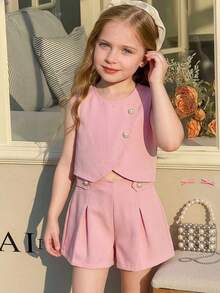 SHEIN 2pcs/Set Young Girl' Summer New Sleeveless Vest With Oblique Placket Design & Curved Hem, Casual Shirt And Shorts Set - Pink - View 3