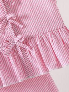 SHEIN Playful Pals 2件套女婴幼儿/新生儿0-3岁春夏休闲甜美日常度假条纹梭织无袖上衣和阔腿裤两件套 - 粉色 - 查看 7