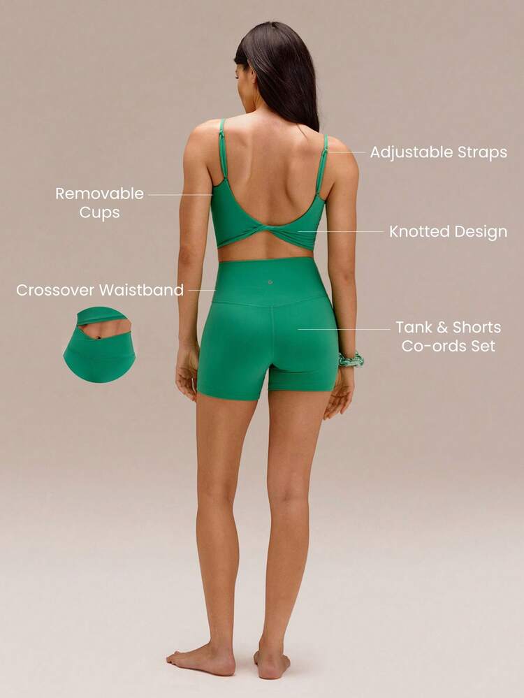 FeatherFit™ Better Together Twisted Backless Removable Cups Adjustable Straps Square Neckline Tank & 4.3" Buttery-Soft Sweat-Wicking Crossover Waist Biker Shorts Low Impact Yoga Pilates Cycling Running Gym Daily Active Wear