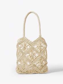 Viva Strut 女士单肩包，草编包，草编手提包，流苏吊坠，镂空，手工编织，时尚，简约，个性化，百搭，适合海滩、度假、假日、夏季、海边、沙滩派对、音乐节等场合 - 米色 - 查看 5