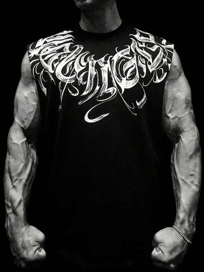 RISE LYT Men's Summer Casual Street Letter Print Sports Tank Top 4-Way Stretch Material Sweat-Wicking Lightweight Physique-Enhancing Seamless Design Sleeveless For Workout Performance-Tank