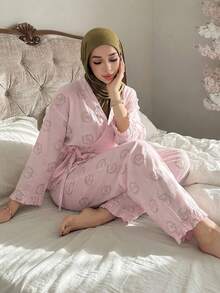 DAZY Sweet Pattern All-Over Print Frill Trim Loose Women Pajama Set - Pink - View 6