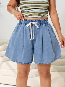 SHEIN CURVE+ 大码女式抽绳腰带口袋宽松休闲牛仔短裤夏季嘉年华服装通勤度假毕业时尚Y2K可爱街头风派对婚礼优雅商务休闲女式浅蓝色牛仔迷你裙时尚休闲弹力腰带伞裙，带可调节抽绳和侧袋 - 藍色 - 查看 3