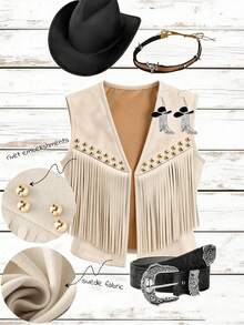 Qadelle Áo khoác nữ da lộn tua rua đính đinh tán phong cách Boho, đa năng cho kỳ nghỉ, mặc hàng ngày, đi làm, thời trang, kiểu Pháp, màu be, thích hợp cho đầu xuân/xuân hè. - Màu be - Xem 9