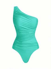 Swim Oasis Traje de baño de una pieza con panel de malla fruncida de unicolor y falda pareo - verde menta - Ver 6