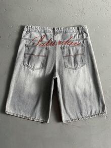 StoneGrade Men's Straight Leg Embroidered Denim Shorts Shorts With Vintage Written On Them For Men - Light Grey - View 2