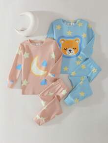 THE HAPPY LOOK 4pcs Young Boy Cartoon Animal Print Soft Knit Snug Fit Pajama Set, Round Neck Long Sleeve Top And Elastic Waist Long Pants - Multicolor - View 8