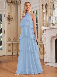 Vestido largo y fluido con cuello de halter y volantes en capas de color rosa elegante para vacaciones de verano - Celeste - Ver 5