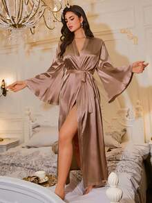 LuxeNights Áo choàng dài rộng rãi, thanh lịch kiểu Pháp, đồ ngủ nữ. - Cà phê nâu - Xem 6