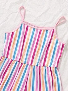Tween Girls' Romper, Elegant Multi-Color Romper, Comes With Bag, Rainbow Striped Romper Shorts With Ruffled Bowknot Straps, Suitable For Vacation, School, Outings, Spring/Summer - Multicolor - View 3