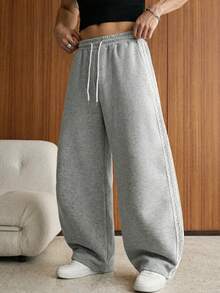 SWAVVY Men's Casual Loose Sweatpants, Gray Solid Color With Lace Patchwork, Spring/Autumn - Grey - View 3