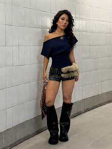 StreetHx Women's Spring/Autumn Asymmetrical Shoulder Short Sleeve Fitted White T-Shirt - Navy Blue - View 5