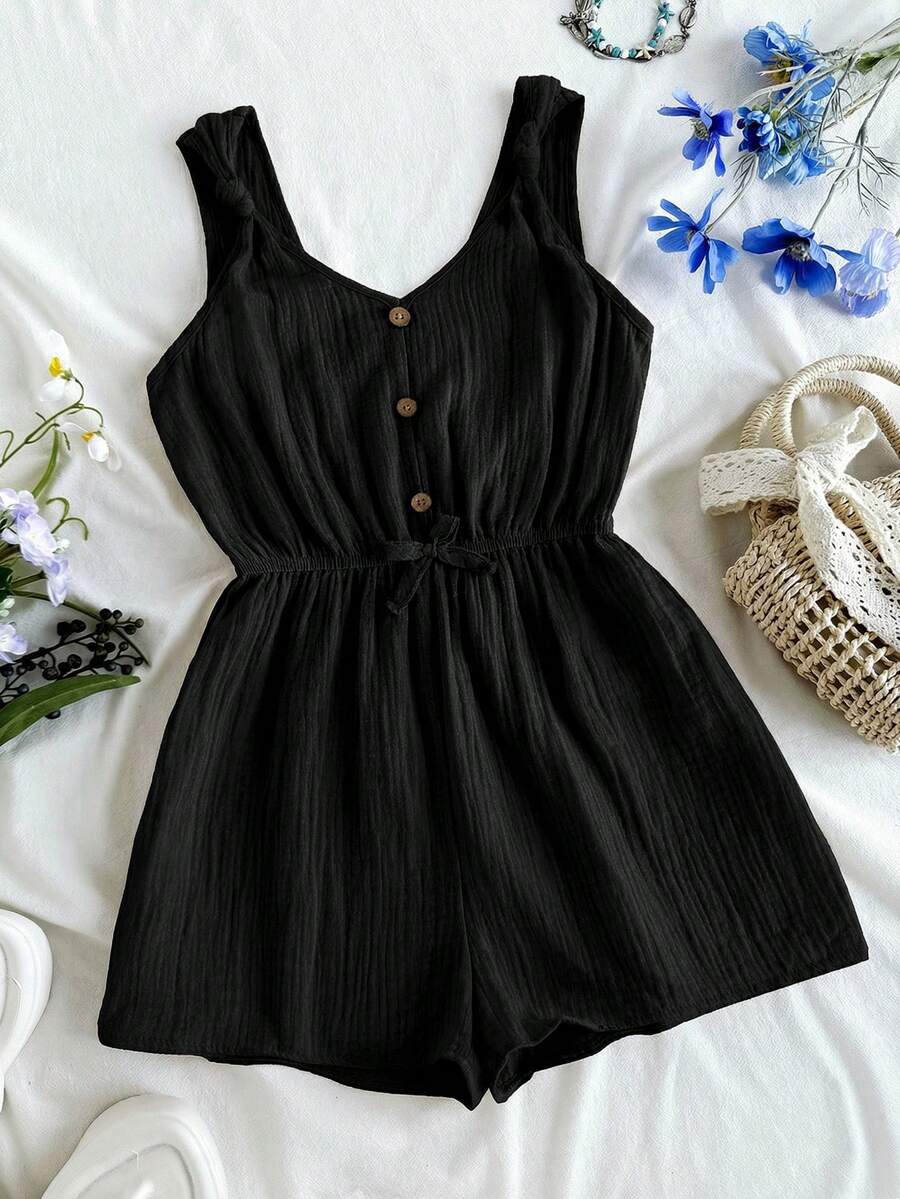 少女亚麻混纺宽松舒适连体裤，适合度假、海滩旅行 - 黑色 - 查看 1