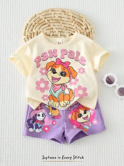 Cozy Pixies 女婴卡通动物印花柔软针织圆领短袖上衣和松紧腰短裤两件套