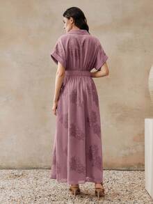 Anewsta Women's Summer Elegant Pink Floral Tea Party Purple V-Neck Twist Knot Embroidered Long Dress,Minimalist Waist Cinched Shirt Dress For Work & Vacation - Purple - View 2