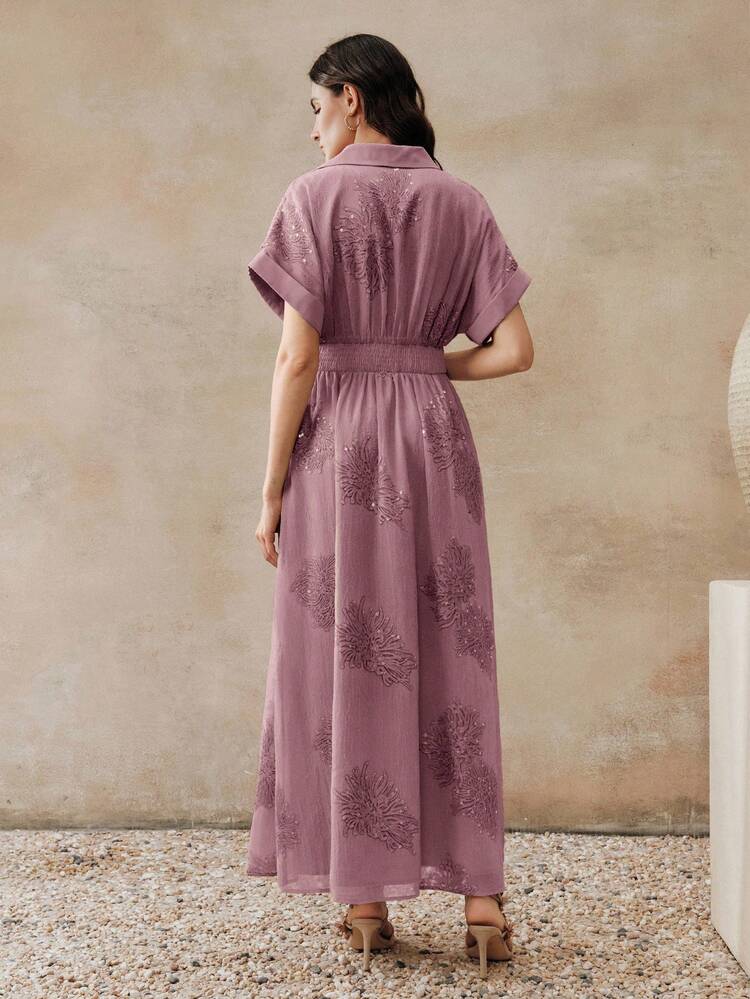 Beige Summer New Arrival Elegant V-Neck Embroidered Cinched Waist Long Shirt Dress