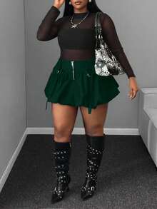 SHEIN CURVE+ Autumn/Winter Ruffle Hem Solid Color Casual Commuter Zipper Sexy Plus Size Short Skirt For Women - Dark Green - View 8