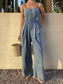 DAZY 女士休闲水洗牛仔连体裤，阔腿设计，夏季 - 中等水洗藍 - 查看 6