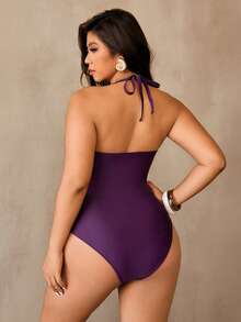 Auralis 大码女士纯色褶皱性感挂脖连体泳衣 - 中紫紅色 - 查看 4