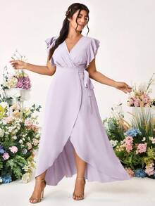 Cravure Plus Size Romantic Elegant Wedding Solid Color Cross V-Neck Tie Side Ruffle Sleeve Dress - Purple - View 6