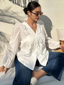 Dazy Plus Plus Size Women's Casual Vacation Style Solid Color Embroidered Hollow Out Lantern Sleeve Front Tie Lightweight Blouse, Spring/Summer - White - View 9