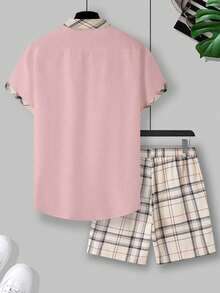 Manfinity Homme Men's Plaid Patchwork Short Sleeve Shirt And Shorts Casual Suit - Multicolor - View 2