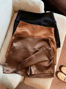 Franclia New Fashion Shiny High Waist A-Line Skirt, Slimming & Anti-Flashing, Spring/Autumn Women Short Skirt With Slit - Brown - View 5