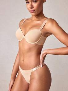 Veilyse Minimalist Solid Color Wire Bra And Thong Lingerie Setfor Summerfor Summer - Apricot - View 5