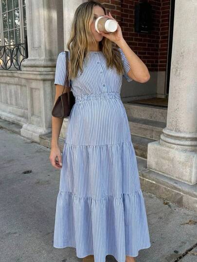 MaterniWear Maternity Casual Striped Short Sleeve Dress For Summer