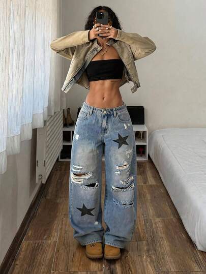 StreetHx Quần jean denim nữ kiểu dáng thường ngày, bạc màu, in hình ngôi sao.
