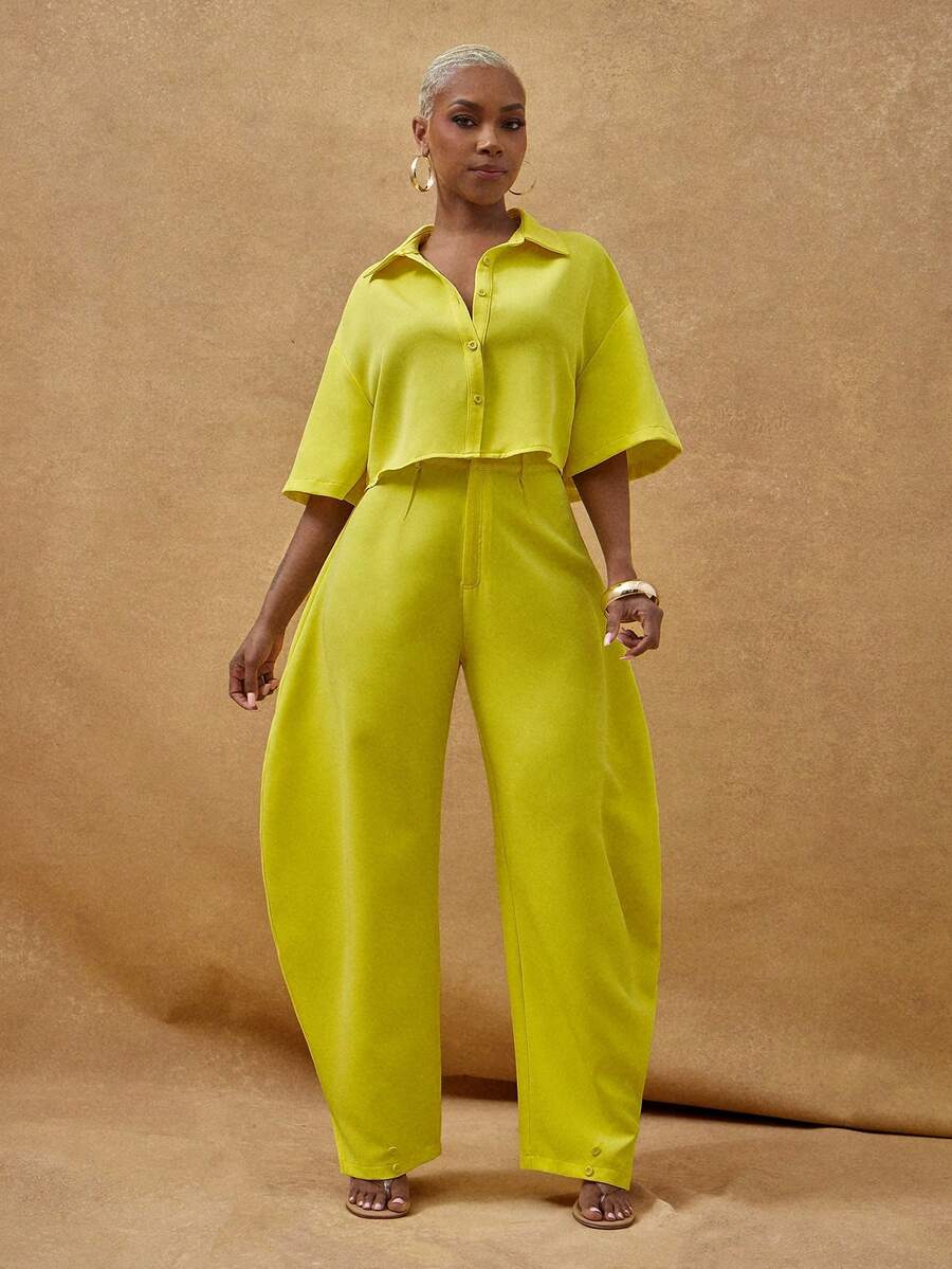 Vixey Yellow Casual High Waisted Barrel Pants With Buttons At Cuff - Yellow - View 1