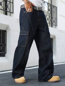 Manfinity EMRG Spring & Summer Casual Street Washed Blue Straight Loose Wide Leg Cargo Jeans With Big Pockets - Blue - View 4