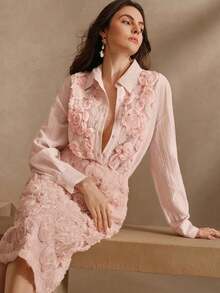 Anewsta 纹理压花提花优雅通勤法式衬衫和中长裙两件套 - 粉色 - 查看 3