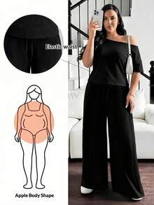 Shapeblank Plus Size Women Solid Color Asymmetric Neck Top And Wide Leg Pants Casual 2-Piece Set - Black - View 1