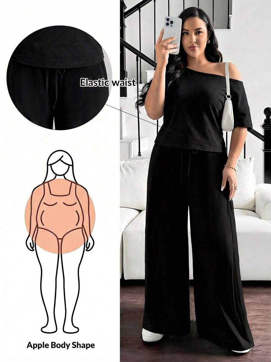 Shapeblank Plus Size Women Solid Color Asymmetric Neck Top And Wide Leg Pants Casual 2-Piece Set - Black - View 1