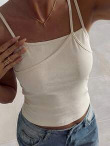 FRIFUL Asymmetrical Neckline Bodycon All-Match Cami Top With Knitted Ribbing - Apricot - View 9